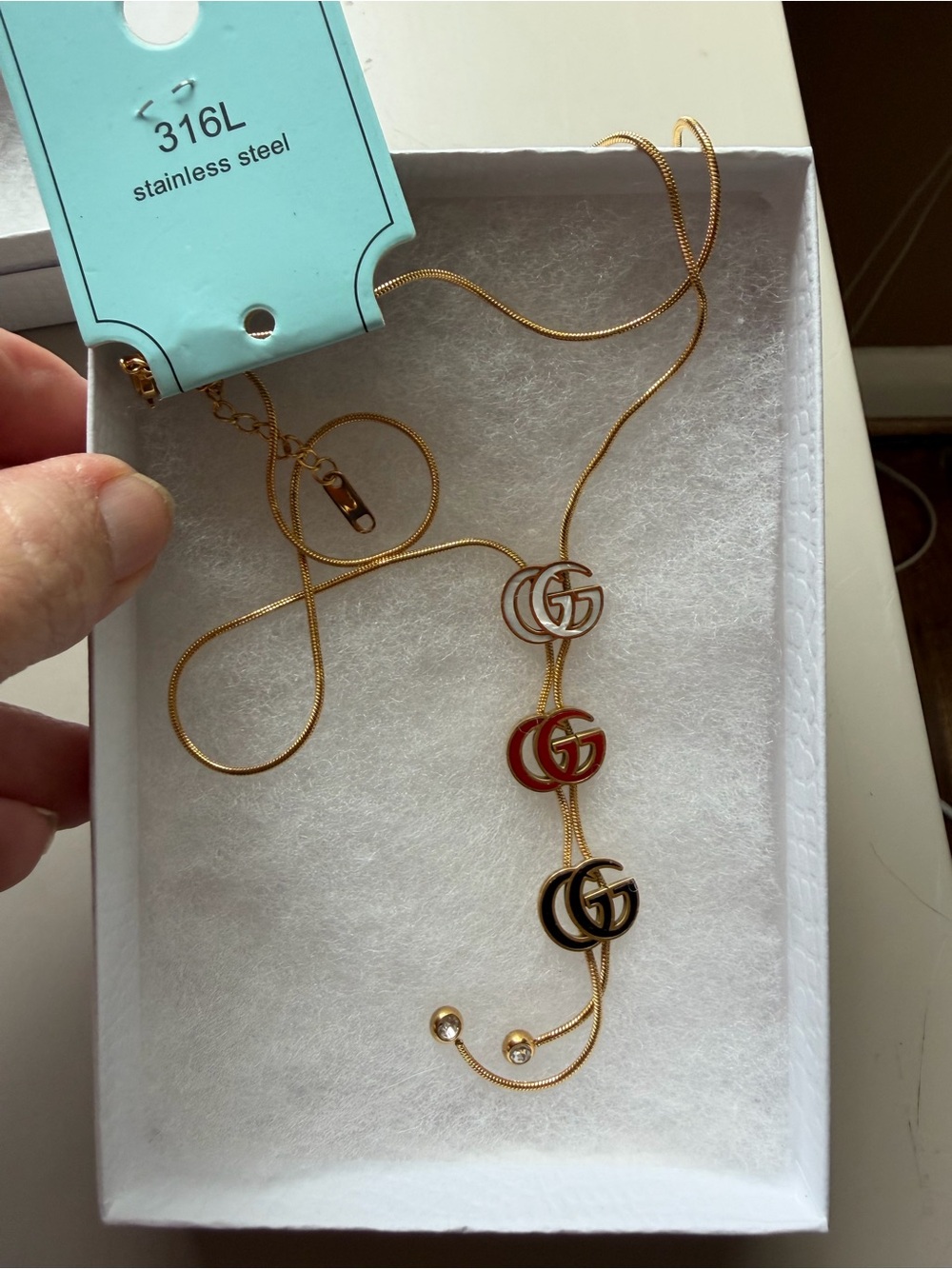 Gold Tone Drop Pendant Necklace - w/ small hanging rhinestones, FashionJewelry